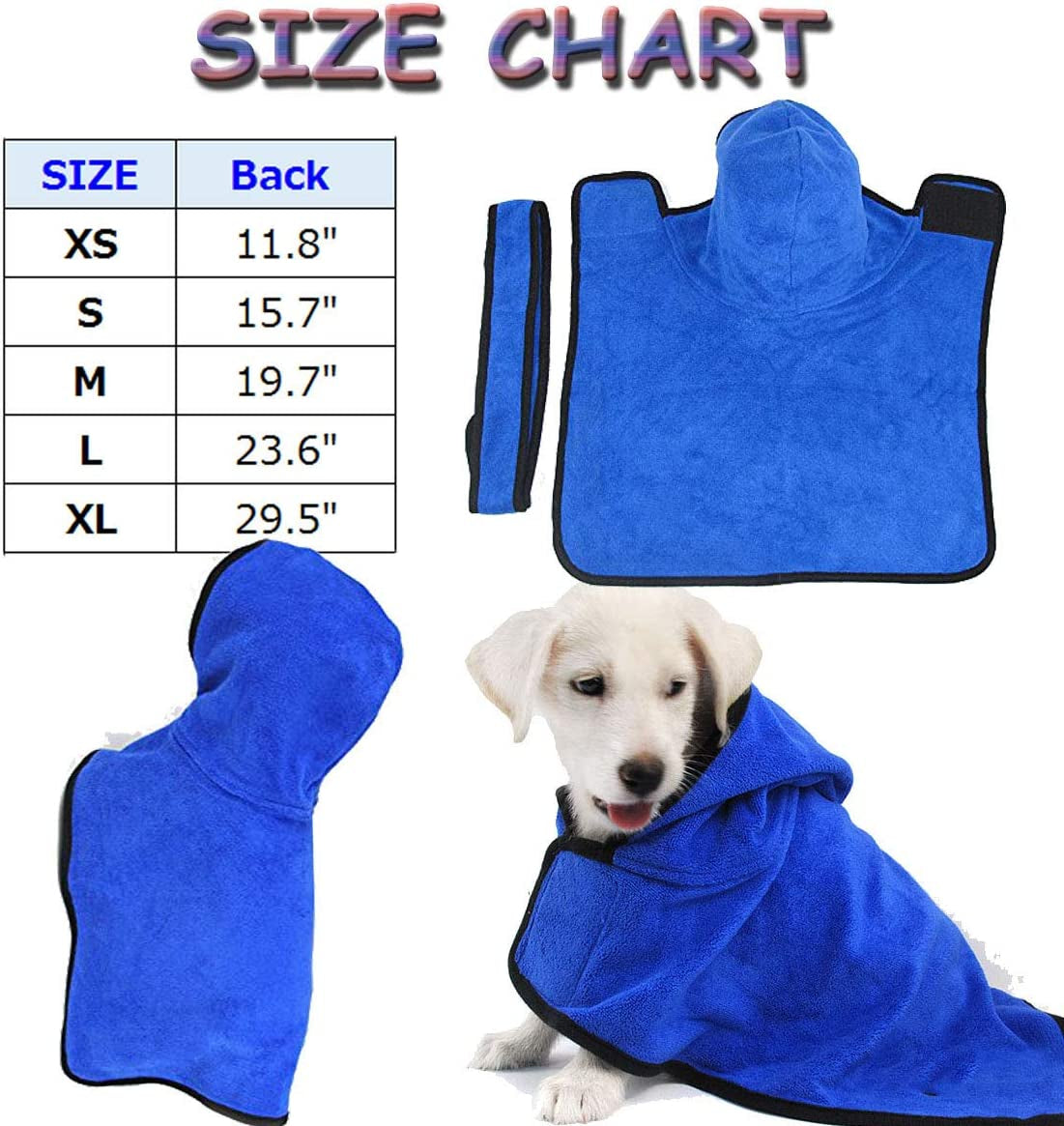 Microfiber Dog Bathrobe, Quick Drying Pet Bath Robe, Pets Super Absorbent Towel for Dogs and Cats, Machine Washable-Blue